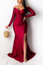 Off Shoulder Ruched Slit Evening Dress
