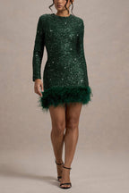 Party Must-have Sequin Long Sleeve Feather Trim Stretch Mini Dress