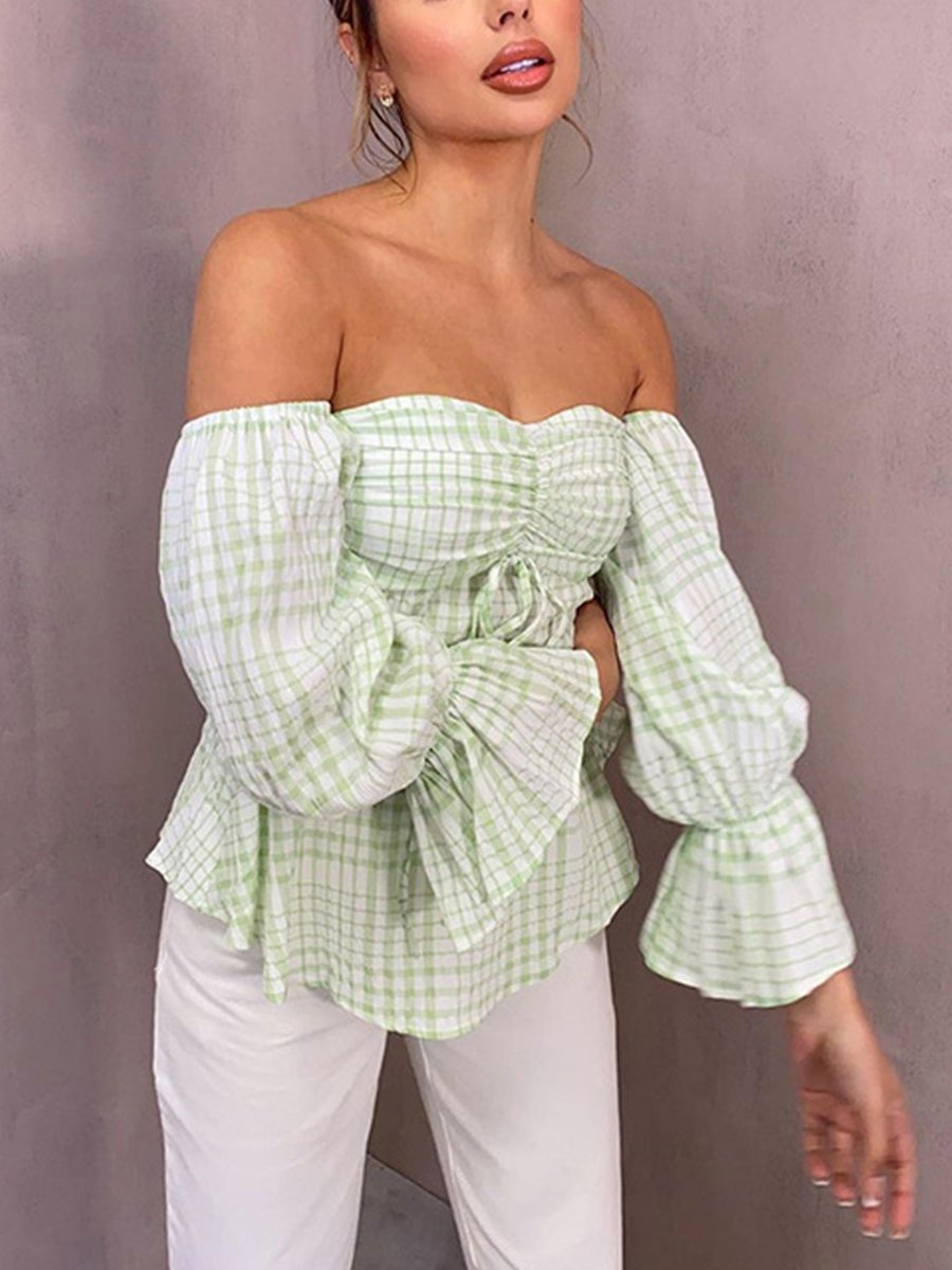 Off-the-shoulder Plaid Loose Top