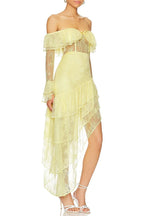 Off Shoulder Long Sleeve Flounce Mesh Patchwork Tiered Irregular Hem Garden Party Mini Dresses-Yellow