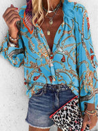 Casual Print Split Joint Turndown Collar Tops