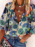 Button Round-Neck Long Sleeve Print Blouse