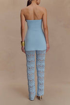 Trena Crochet Knit Hollow Mid Rise Stretch Wide Leg Pants