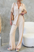 JODIE RIBBED KNIT COLOR BLOCK TRIM HIGH RISE WIDE LEG STRETCH PANTS