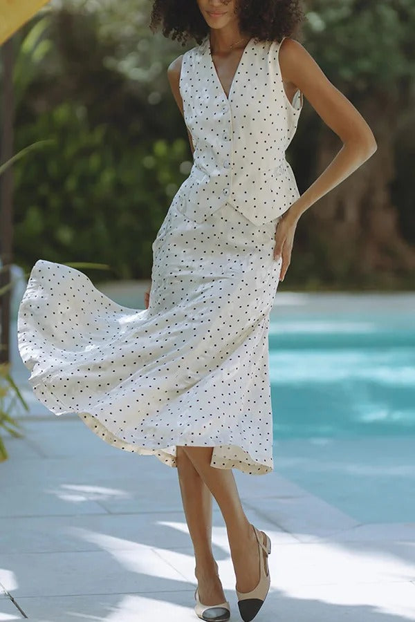 Jasmina Polka Dot Polka Jacquard Elastic Waist Flare Midi Skirt