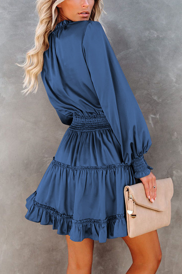 Satin Solid Color Puff Sleeve Dress