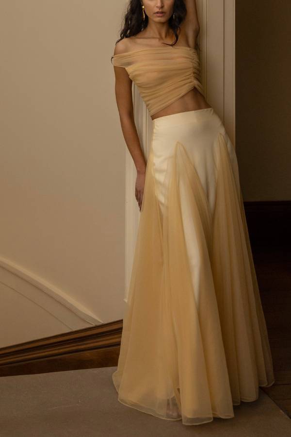 Romance Factor Satin Patchwork Tulle High Rise Elastic Waist A-line Maxi Skirt