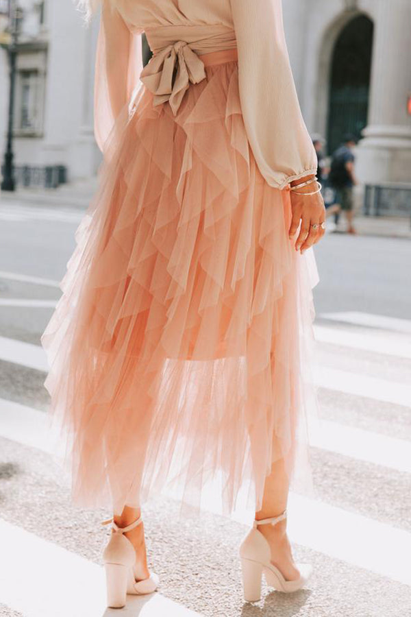 Allegro Ruffle Tulle Midi Skirt Grey Blue