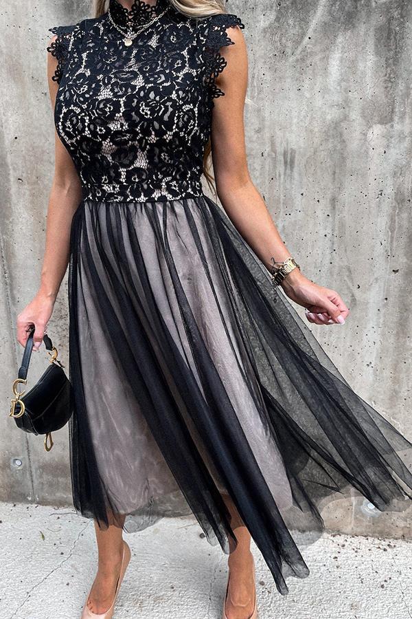 Lace Stitching Mesh Sleeveless Midi Dress