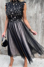 Lace Stitching Mesh Sleeveless Midi Dress