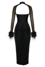 Irregular Feather Cuff Mesh Sleeve Velvet Corset Gown Prom Maxi Dresses
