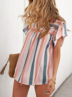 Striped Contrast V-neck Ruffled Short-sleeved Top