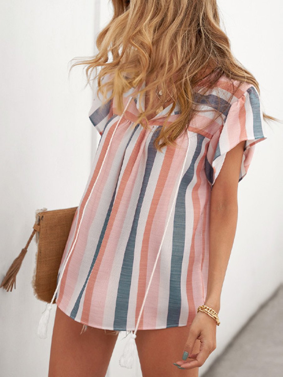 Striped Contrast V-neck Ruffled Short-sleeved Top