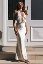 Deep V Neck Halter Open Back White Bridesmaid Maxi Dress