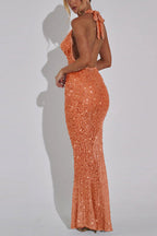 Shine All Night Sheer Sequin Cowl Neck Halter Maxi Dress