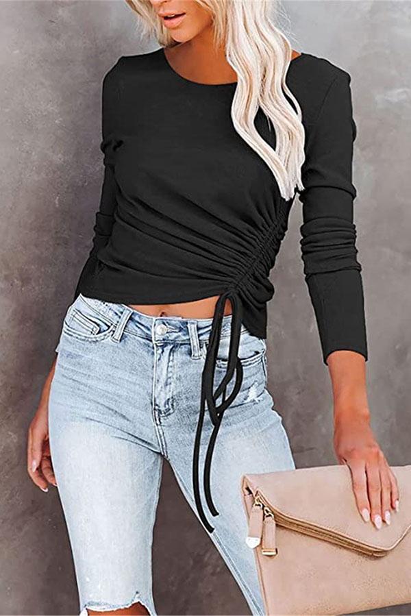 Solid Color Long-sleeved Round Neck Drawstring T-shirt