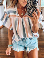 Striped Contrast V-neck Ruffled Short-sleeved Top