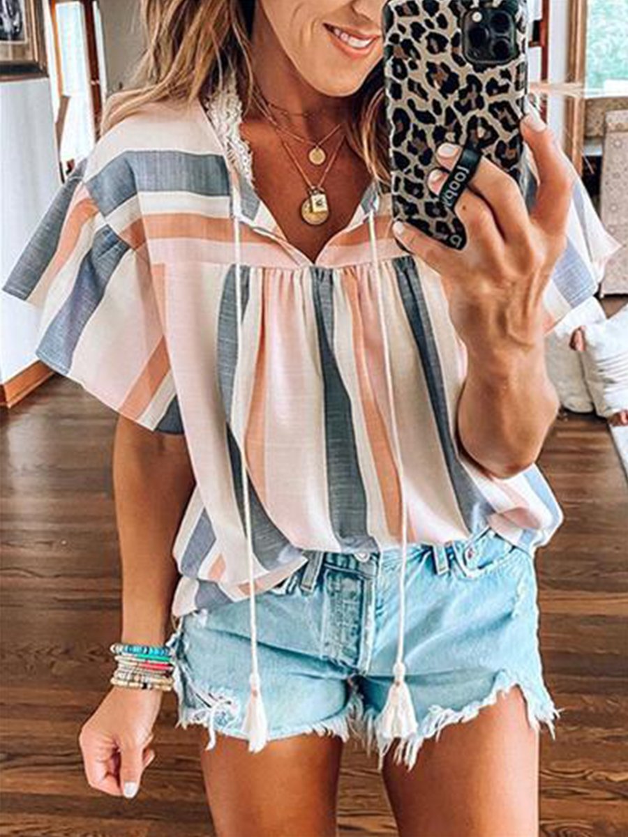 Striped Contrast V-neck Ruffled Short-sleeved Top