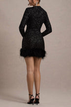 Party Must-have Sequin Long Sleeve Feather Trim Stretch Mini Dress