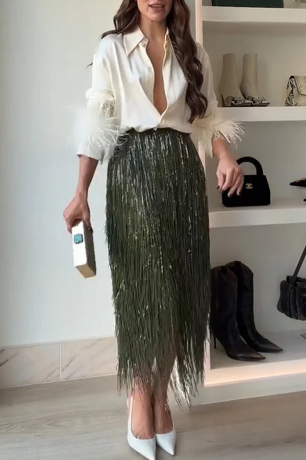 Party Crasher Layered Sequined Tassels High Rise Back Zipper Midi Skirt