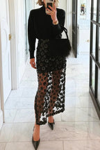 Gorgeous Flower Embellished Sequin Sheer High Rise Slit Midi Skirt