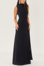 Slim High-neck Spliced Ribbon Shiny Maxi Dress