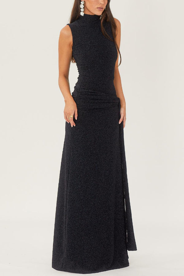 Slim High-neck Spliced Ribbon Shiny Maxi Dress