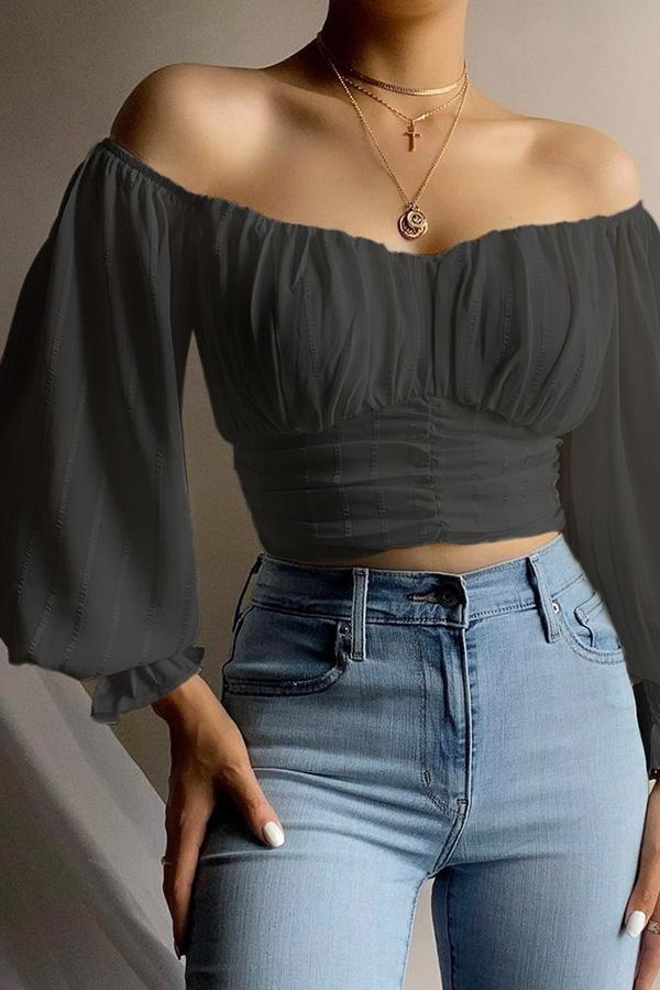 Off Shoulder Ruched Lantern Sleeve Crop Top
