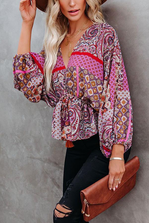 Patchwork Printed Drawstring Blouse
