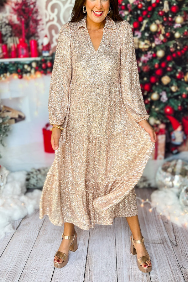 Christmas Elegant Sequin Long Sleeve V Neck Midi Dress