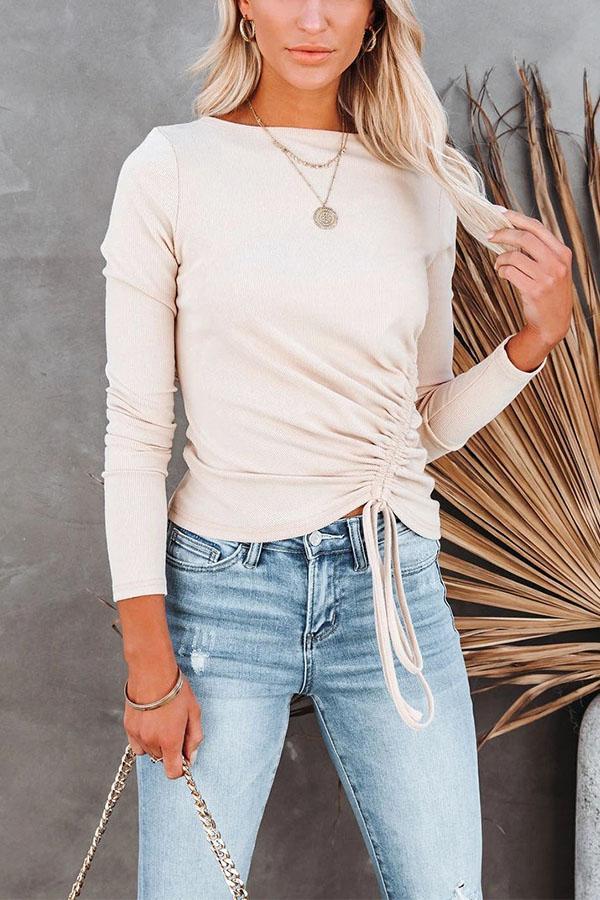 Solid Color Long-sleeved Round Neck Drawstring T-shirt