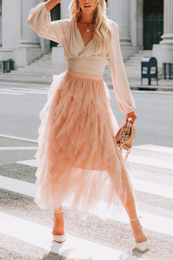 Allegro Ruffle Tulle Midi Skirt Grey Blue