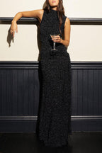 Slim High-neck Spliced Ribbon Shiny Maxi Dress