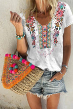 Flower Print U Collar T-shirt