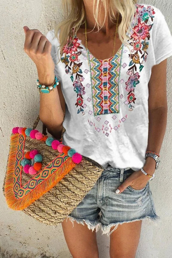 Flower Print U Collar T-shirt