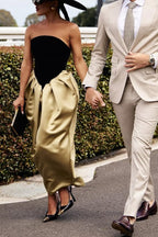Like Porcelain Satin Patchwork Off Shoulder Pocketed Maxi Dress
