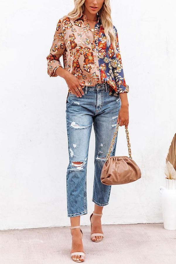 Floral long sleeve women's Lapel button shirt