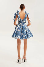 Garden of Eden Floral Print Bow Straps Princess Flared Mini Dress