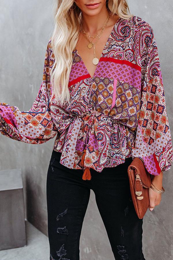 Patchwork Printed Drawstring Blouse