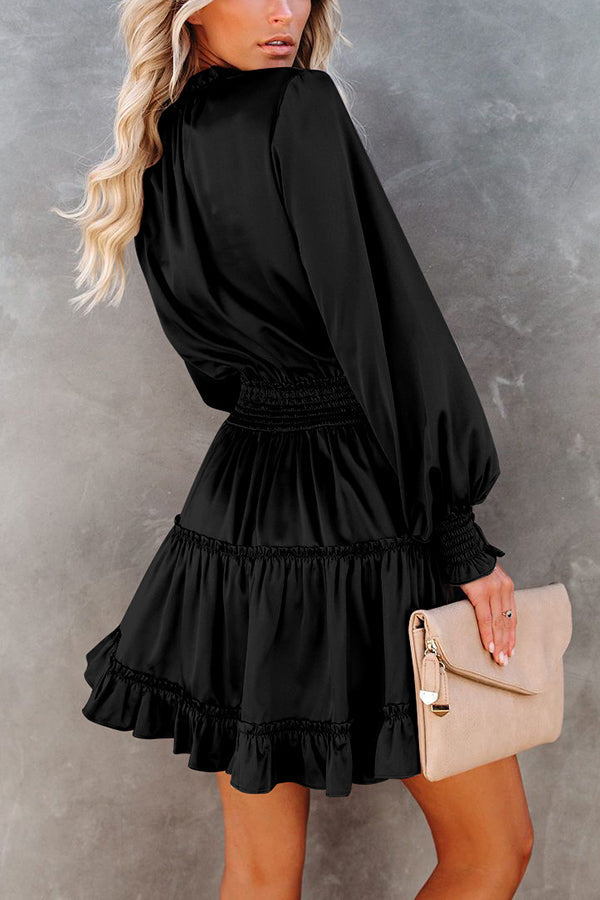 Satin Solid Color Puff Sleeve Dress