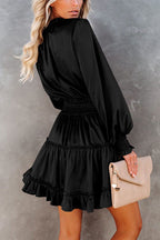 Satin Solid Color Puff Sleeve Dress