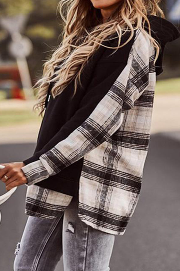 Trendy Plaid Patchwork Hooded Sweatshirt