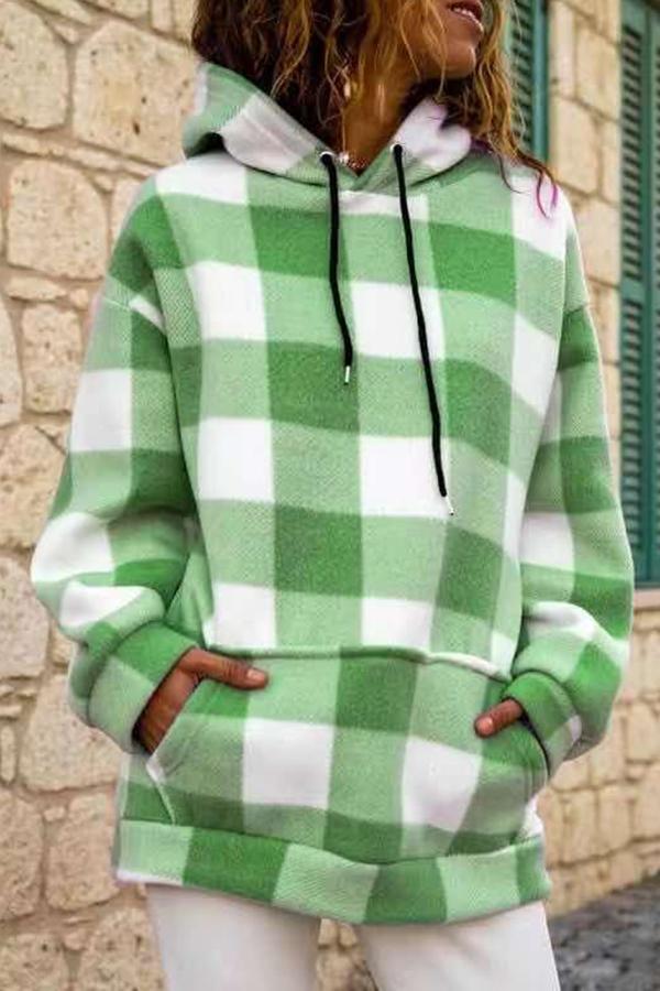 Plaid Long Sleeve Drawstring Pocket Hoodie