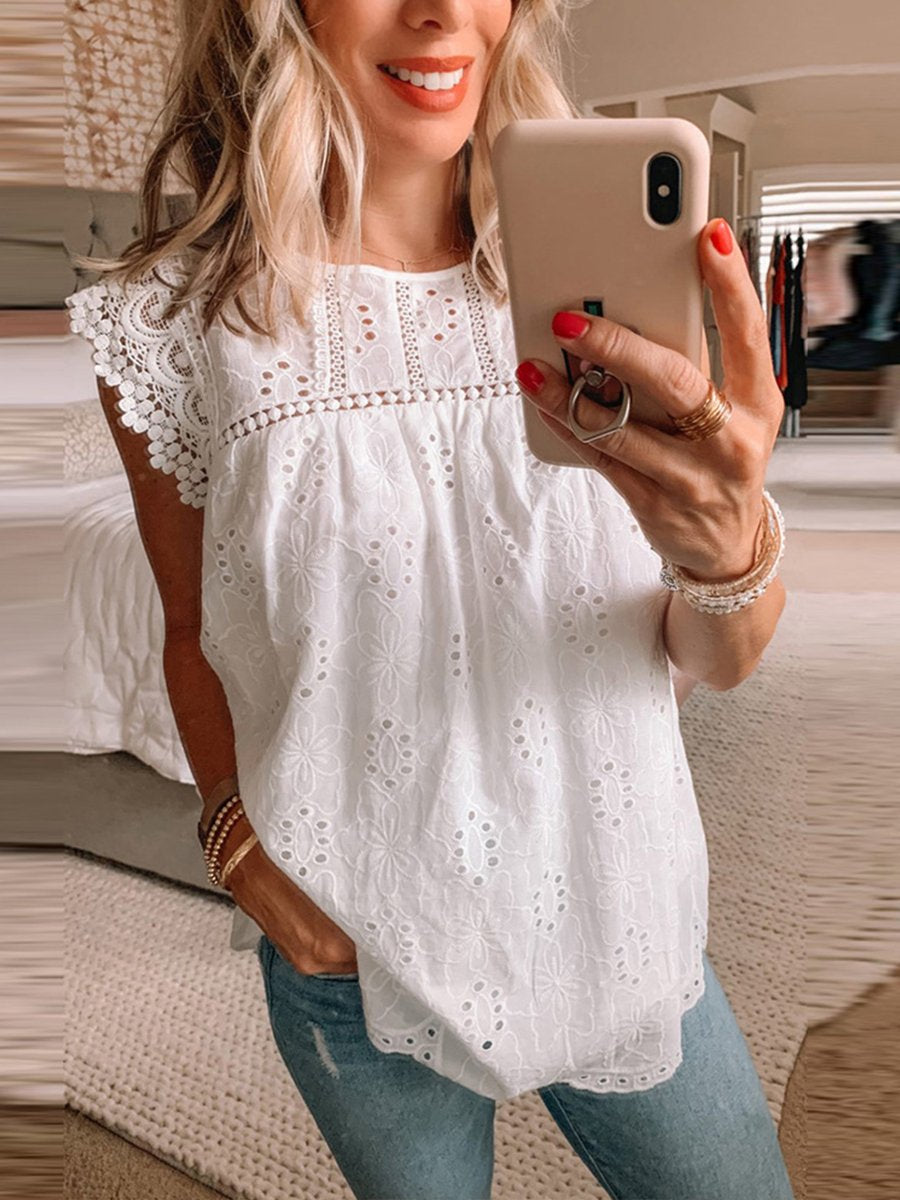 Casual Solid Color Loose Lace Blouse