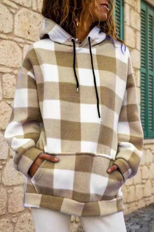 Plaid Long Sleeve Drawstring Pocket Hoodie