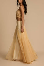 Romance Factor Satin Patchwork Tulle High Rise Elastic Waist A-line Maxi Skirt