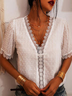 V-neck Lace Embroidery Short Sleeve Blouse