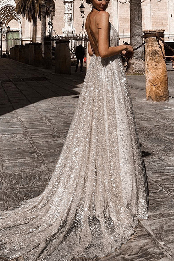 Cut Out Shoulders and A V Neck Shape Sparkly Dress