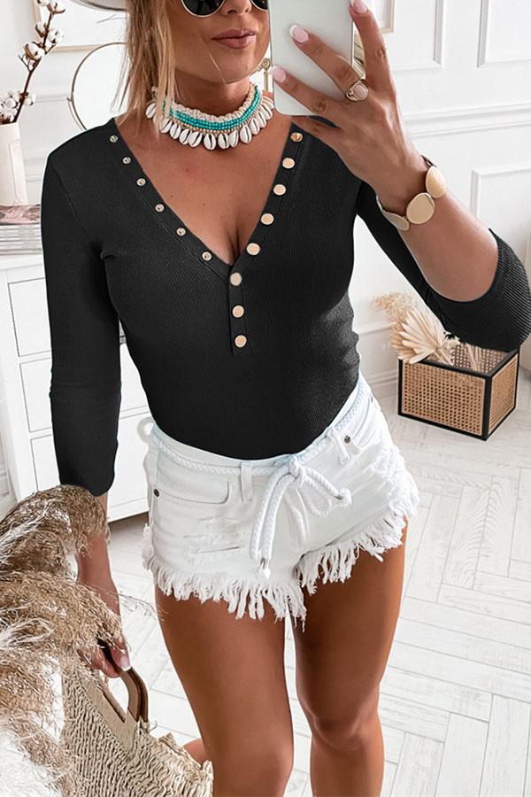 Deep V-neck Buttoned and Threaded Inner Long-sleeved T-shirt
