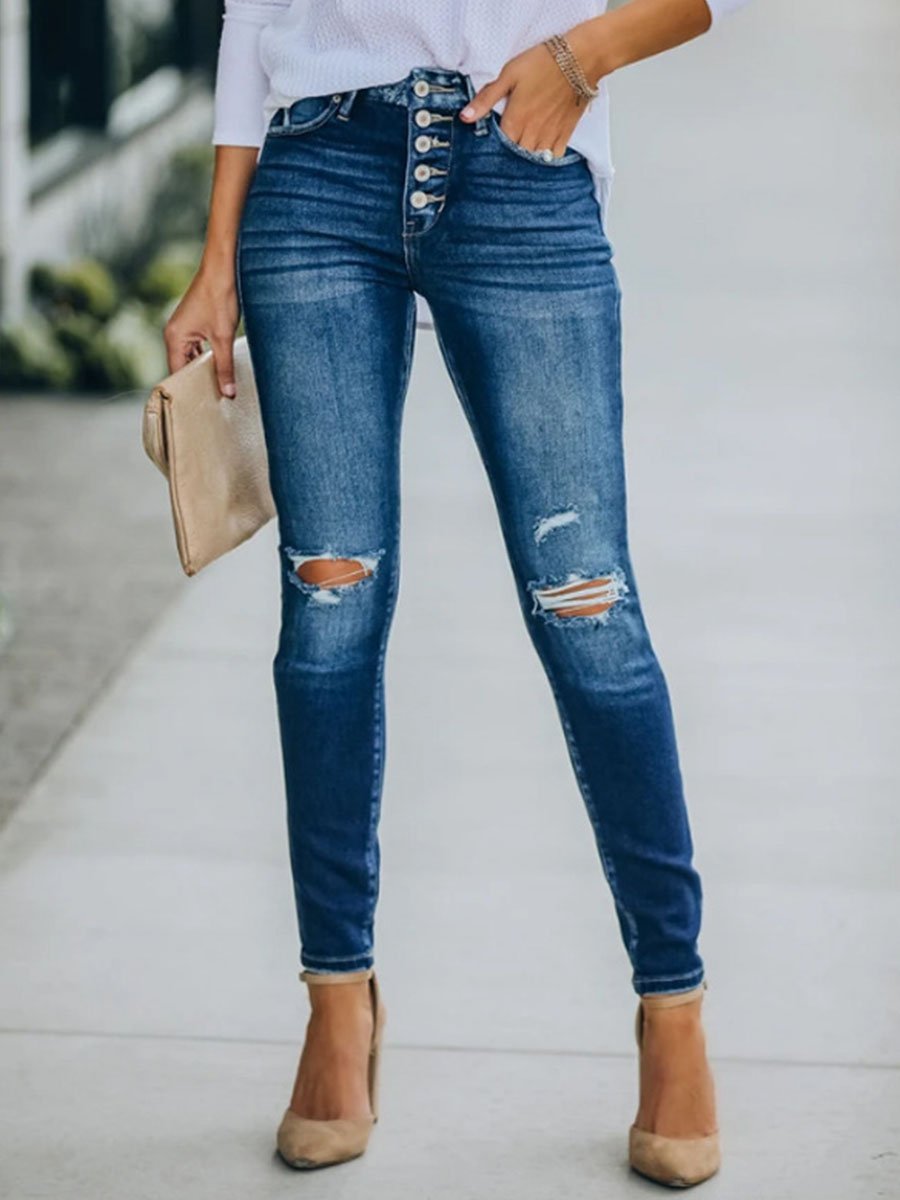 Solid High-rise Washed Holes Skinny Jeans